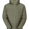 Rab Men's Valiance Waterproof Down Jacket in Light Khaki - worn, hood up, front, hood lining detail