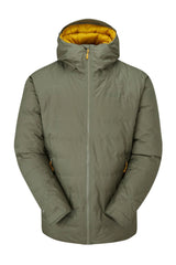 Rab Men's Valiance Waterproof Down Jacket in Light Khaki - worn, hood up, front, hood lining detail