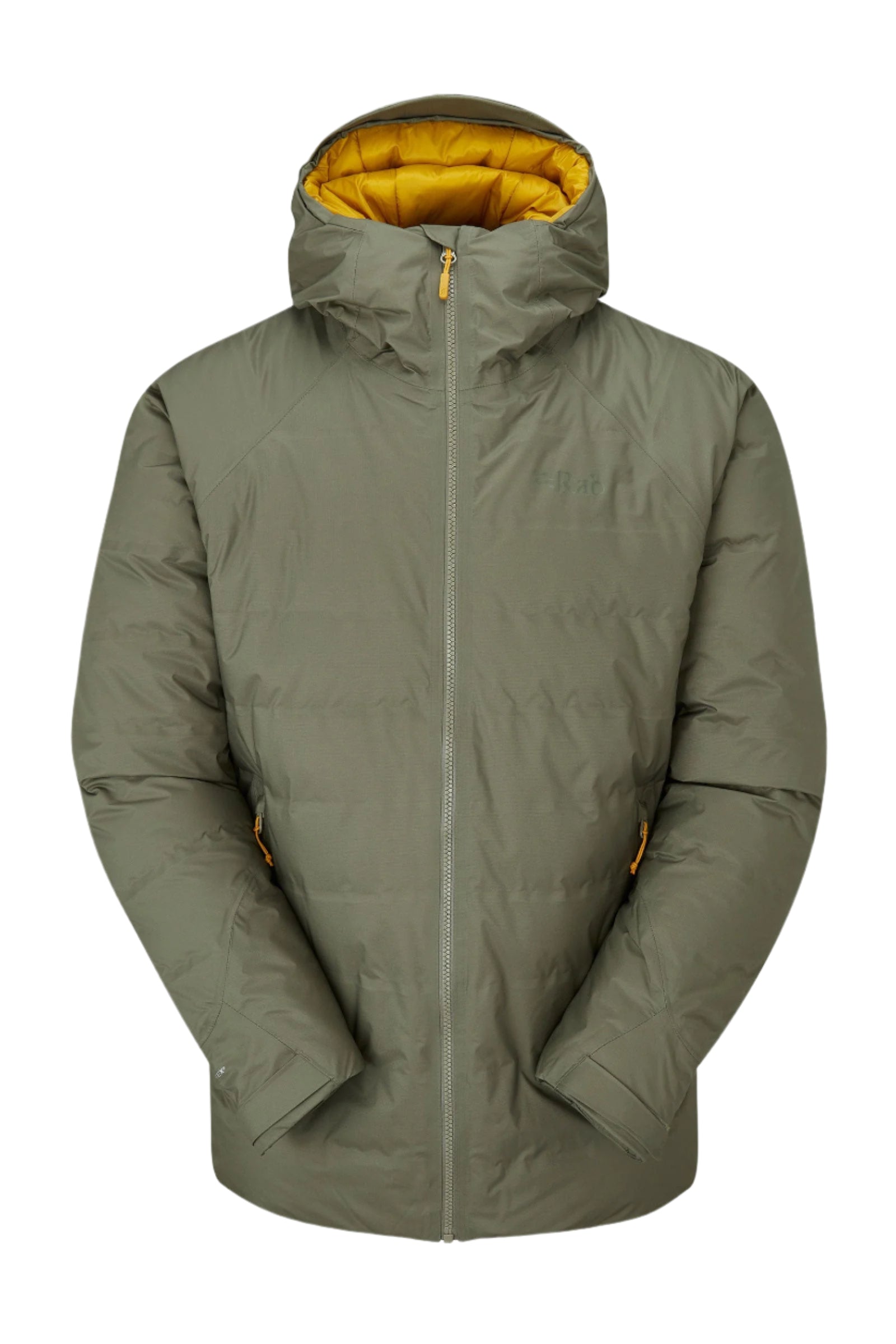 Rab Men's Valiance Waterproof Down Jacket in Light Khaki - worn, hood up, front, hood lining detail