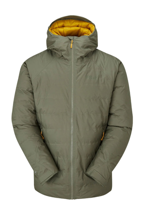 Rab Men's Valiance Waterproof Down Jacket in Light Khaki - worn, hood up, front, hood lining detail