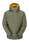 Rab Men's Valiance Waterproof Down Jacket in Light Khaki - worn, hood up, front, hood lining detail