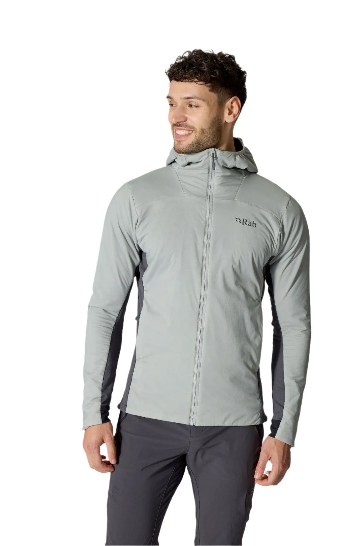 Rab Men's Xenair Alpine Flex Insulated Jacket in Light Zinc - front, worn