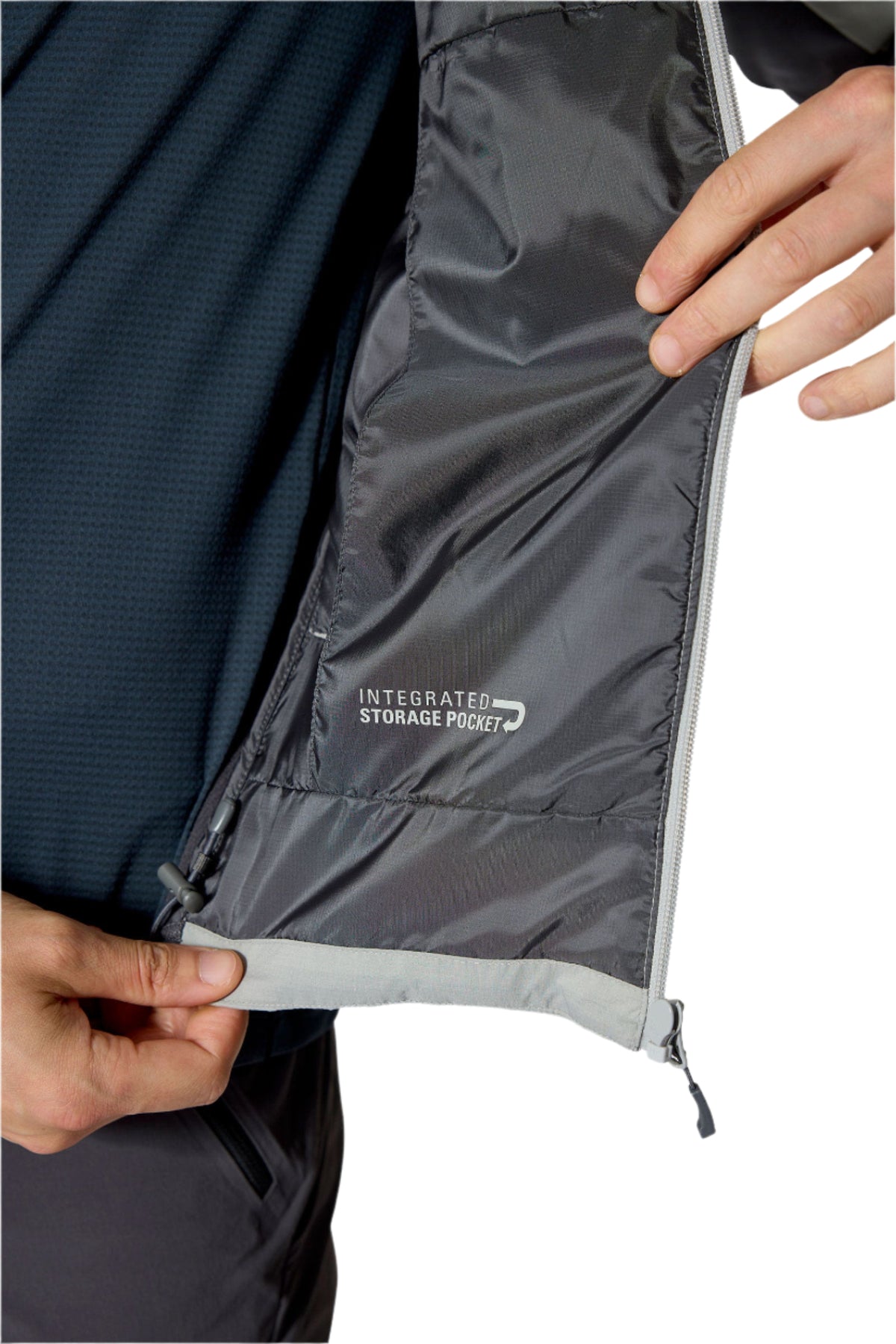 Rab Men's Xenair Alpine Flex Insulated Jacket in Light Zinc - interior pocket detail