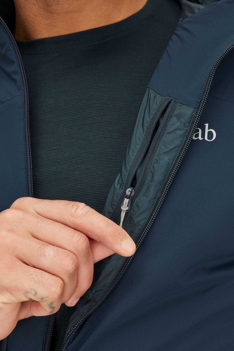 Rab Men's Xenair Alpine Light Insulated Jacket in Tempest Blue - chin guard detail