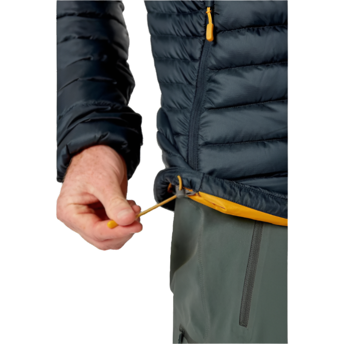 Rab Men's Microlight Alpine Down Jacket in Black - worn, hem drawcord detail, alternate angle