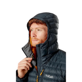 Rab Men's Microlight Alpine Down Jacket in Black - worn, hood adjustment detail