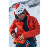 Rab Men's Microlight Alpine Down Jacket in Red (styling reference) - worn, lifestyle, gearing up