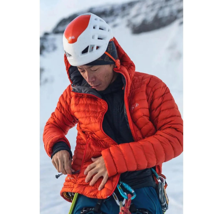 Rab Men's Microlight Alpine Down Jacket in Red (styling reference) - worn, lifestyle, gearing up