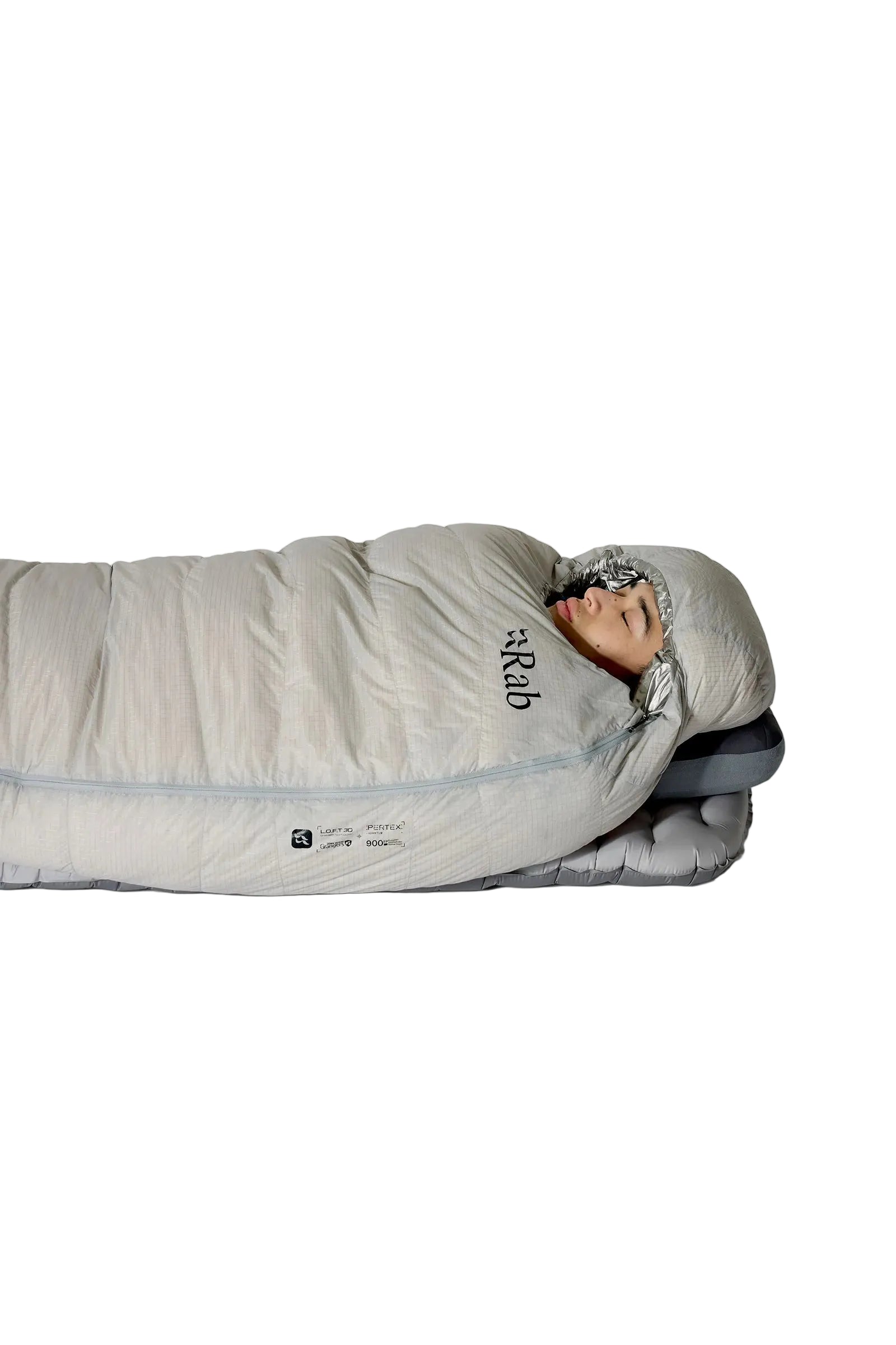 Rab Mythic Down Sleeping Bag (0°C/32F) in Dark Pewter - Model Hood Close