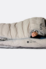 Rab Mythic Down Sleeping Bag (0°C/32F) in Dark Pewter - Model In Use Front