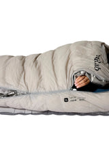 Rab Mythic Down Sleeping Bag (-12°C/10F) in Dark Pewter - Model In Use Front