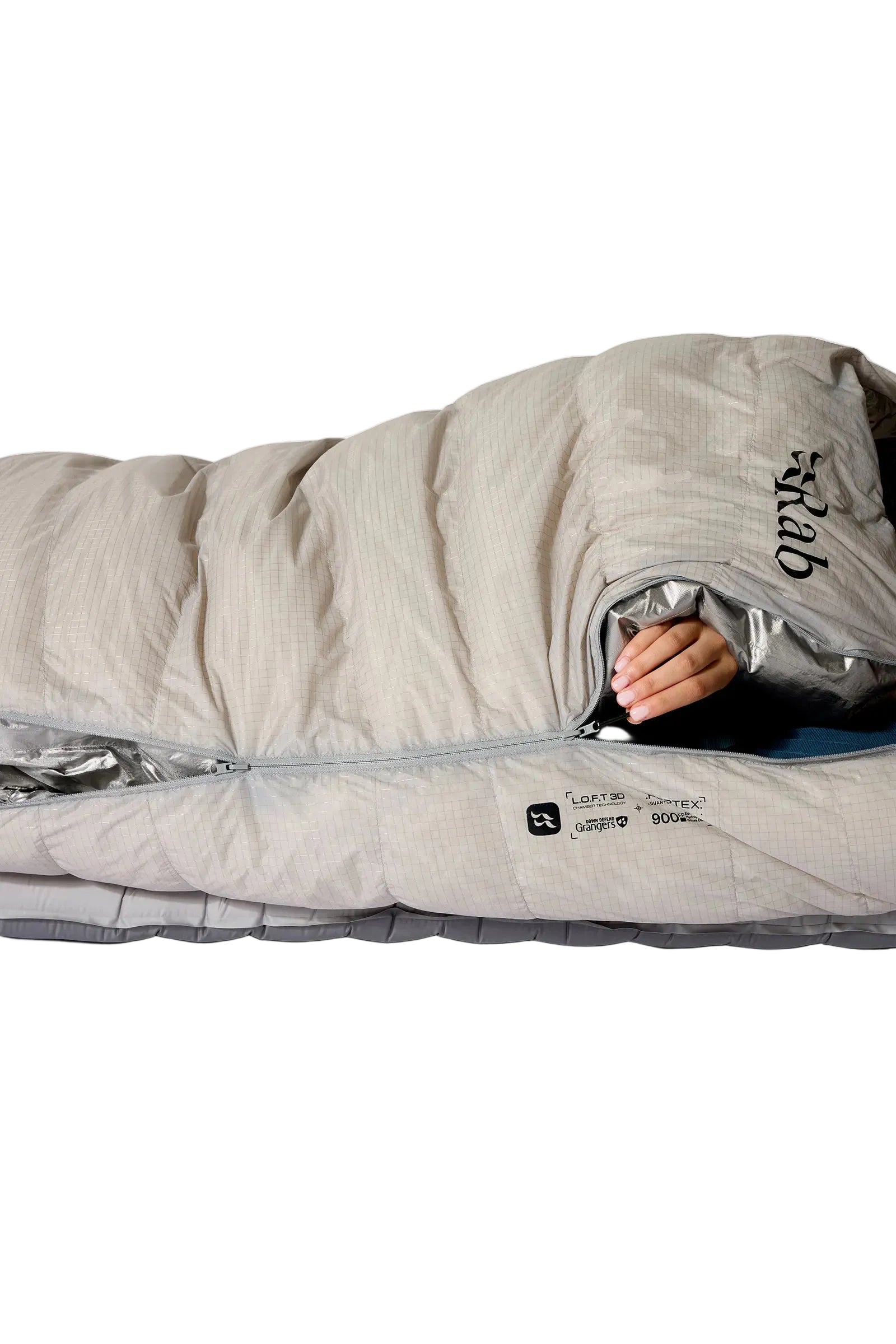 Rab Mythic Down Sleeping Bag (-12°C/10F) in Dark Pewter - Model In Use Front