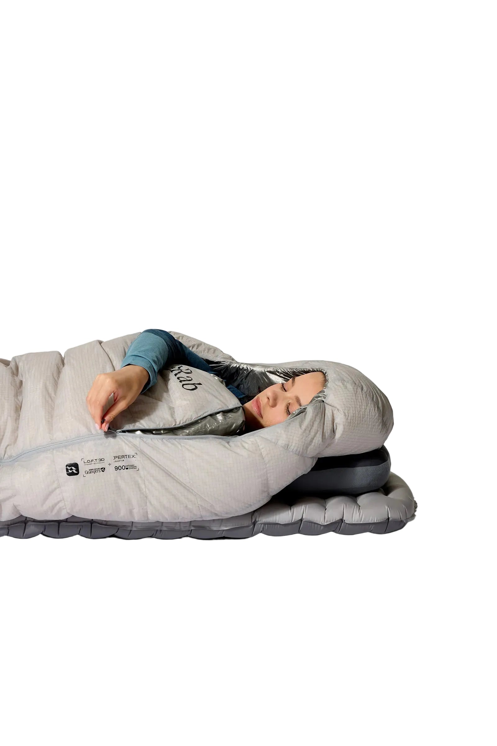 Rab Mythic Down Sleeping Bag (-12°C/10F) in Dark Pewter - Model Lying Overhead