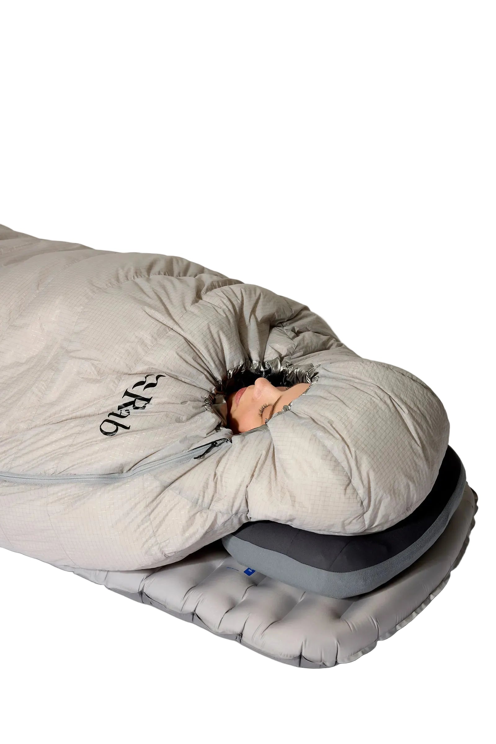 Rab Mythic Down Sleeping Bag (-12°C/10F) in Dark Pewter - Model Seated