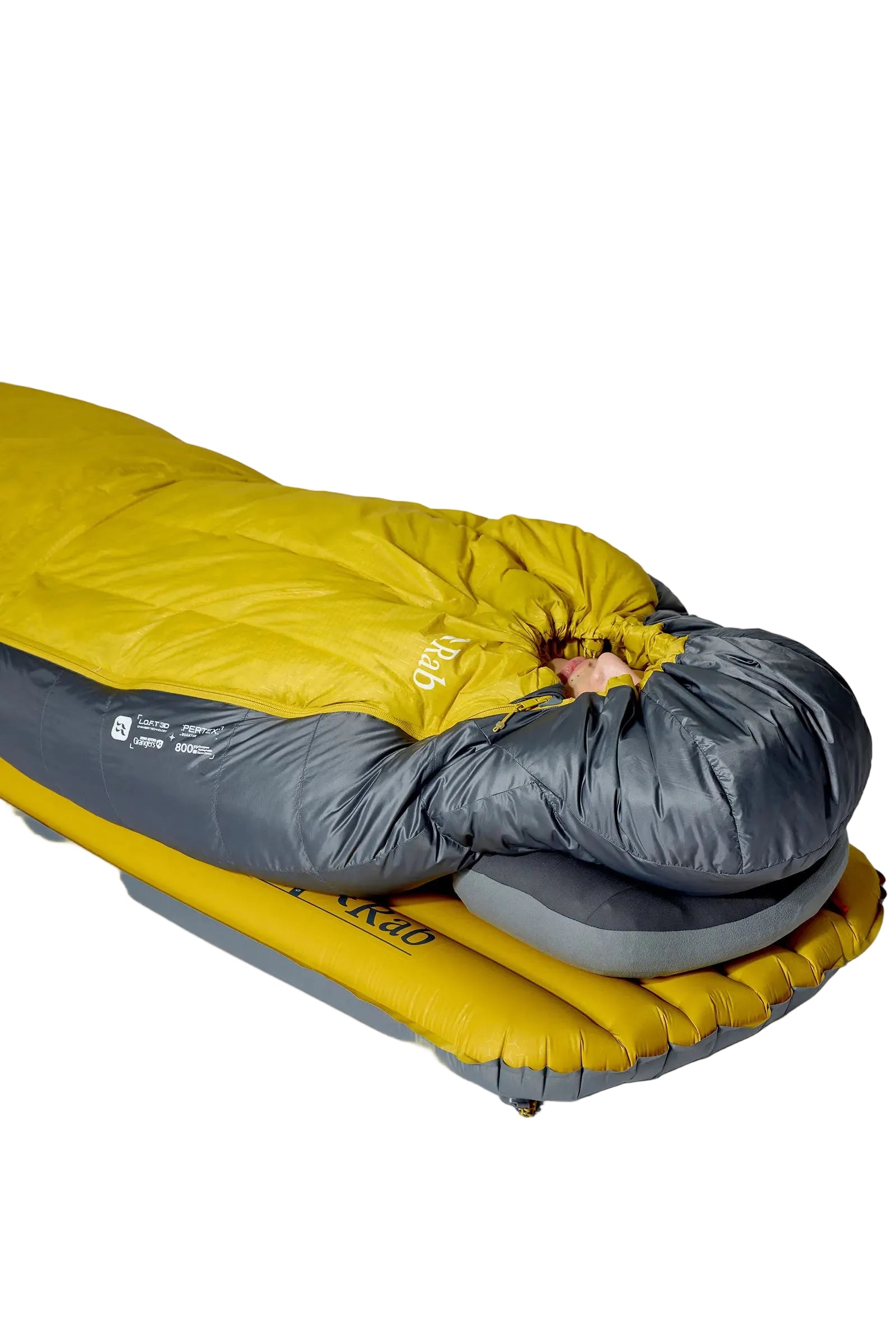 Rab Neutrino Down Sleeping Bag (0°C/32F) in Graphene/Dark Pollen - Hood Open Showing Down Loft