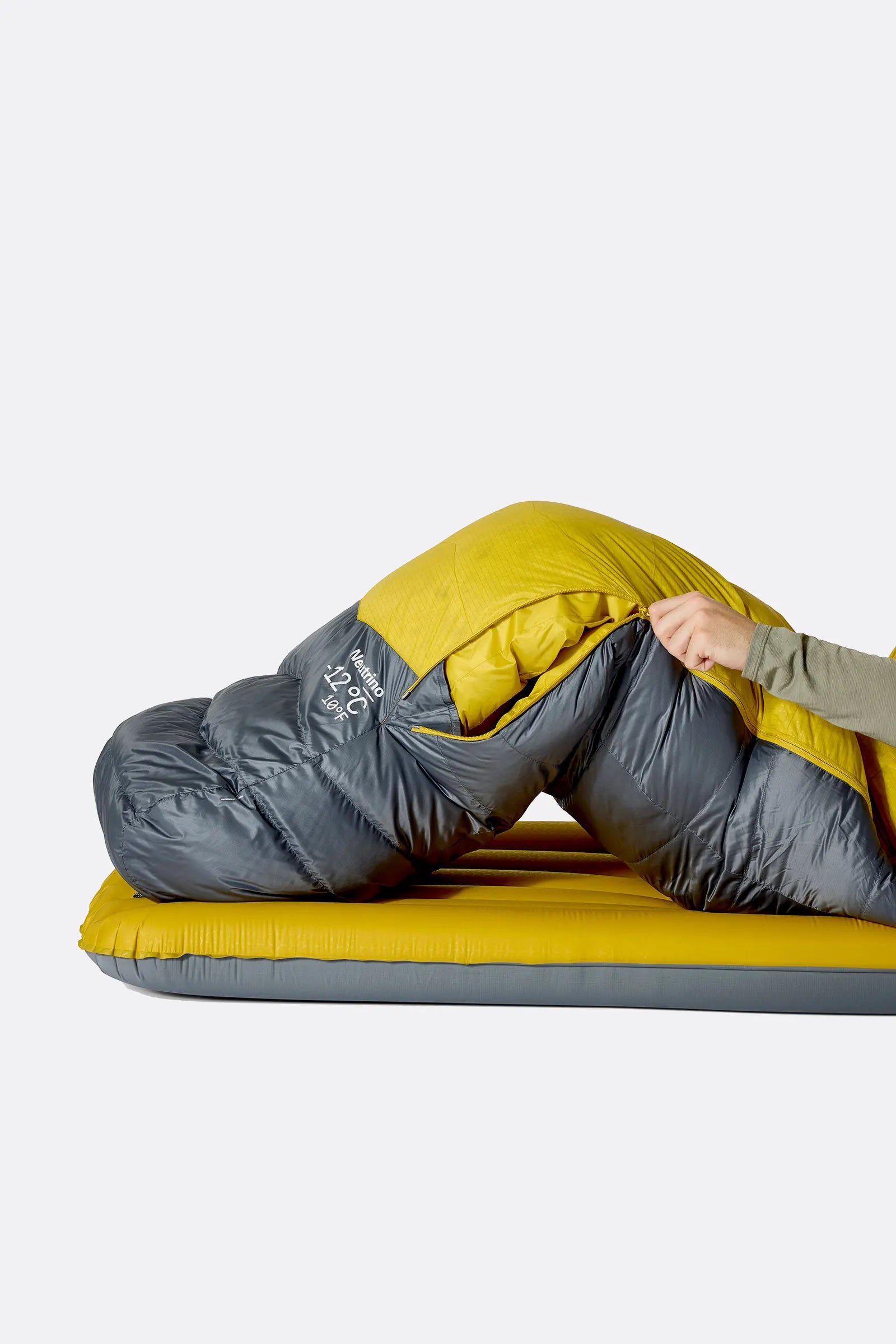 Rab Neutrino Down Sleeping Bag (-18°C/0F) in Graphene/Dark Pollen - Model Lying Flat