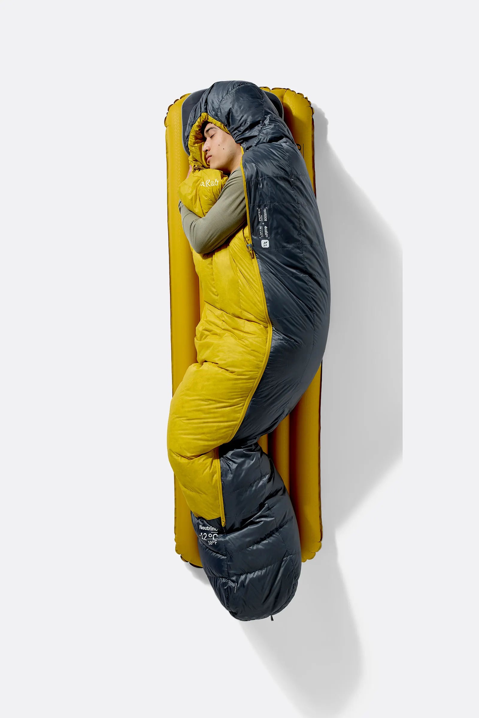 Rab Neutrino Down Sleeping Bag (-6°C/20F) in Graphene/Dark Pollen - Hood and Collar Down Fill Detail