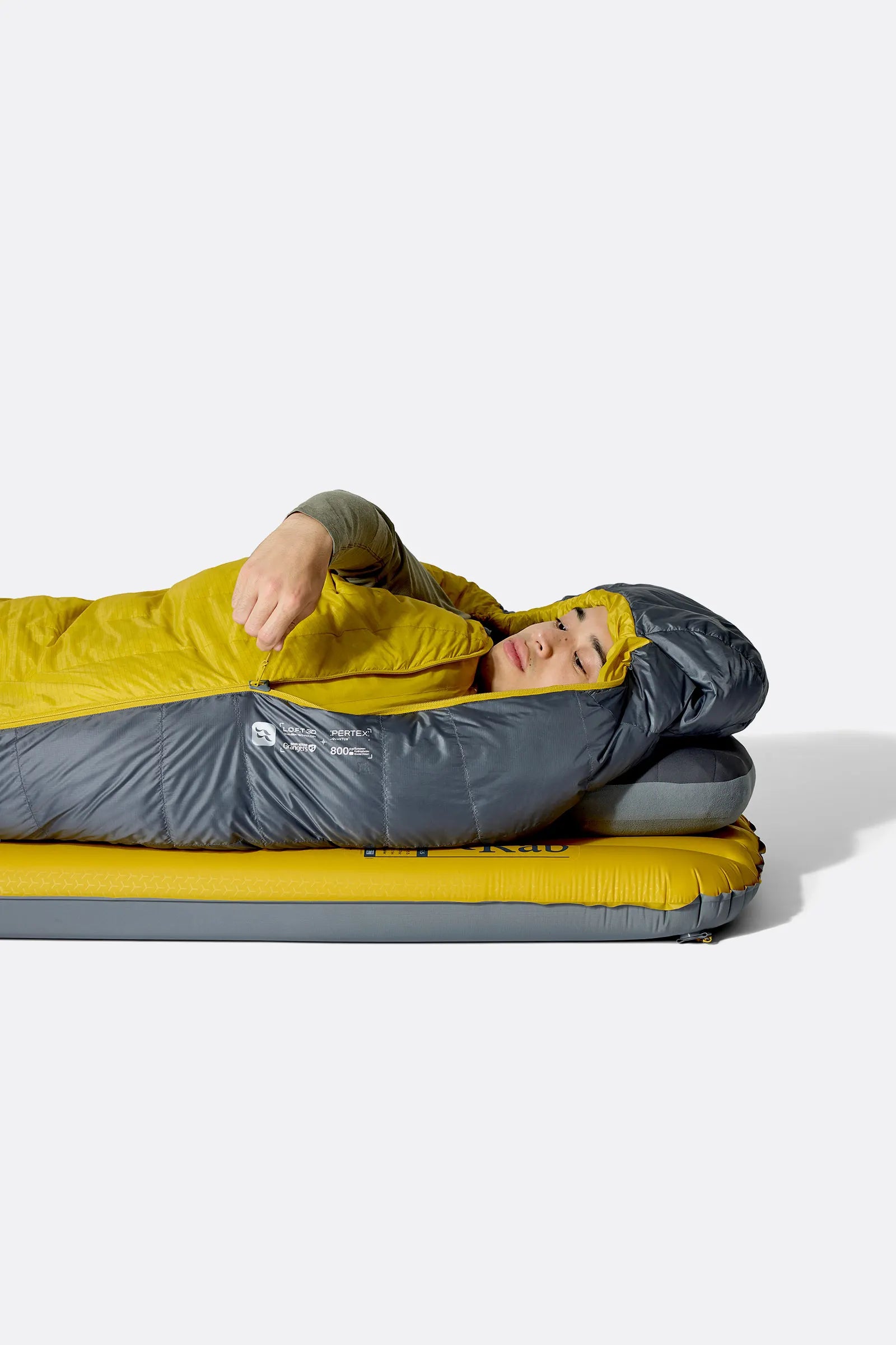 Rab Neutrino Down Sleeping Bag (-6°C/20F) in Graphene/Dark Pollen - Model Overhead View Hood Cinched