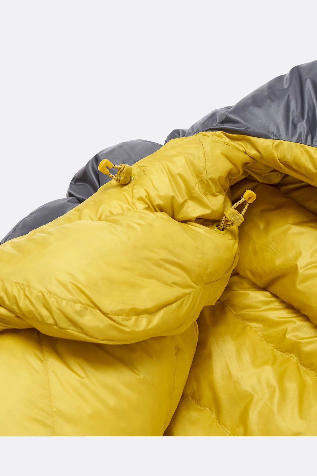 Rab Neutrino Down Sleeping Bag (-6°C/20F) in Graphene/Dark Pollen - Upright Showing Mummy Shape