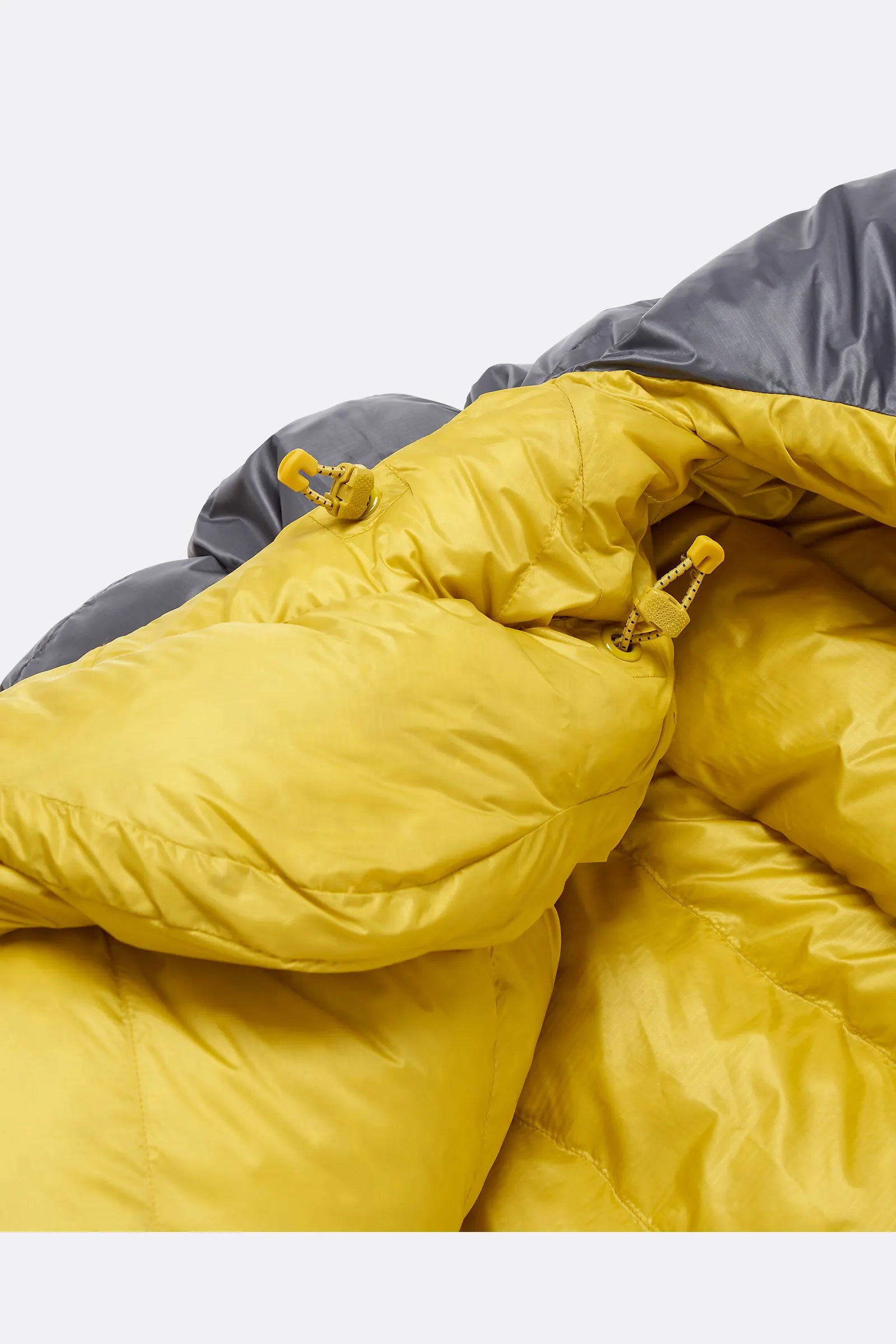 Rab Neutrino Down Sleeping Bag (-6°C/20F) in Graphene/Dark Pollen - Upright Showing Mummy Shape