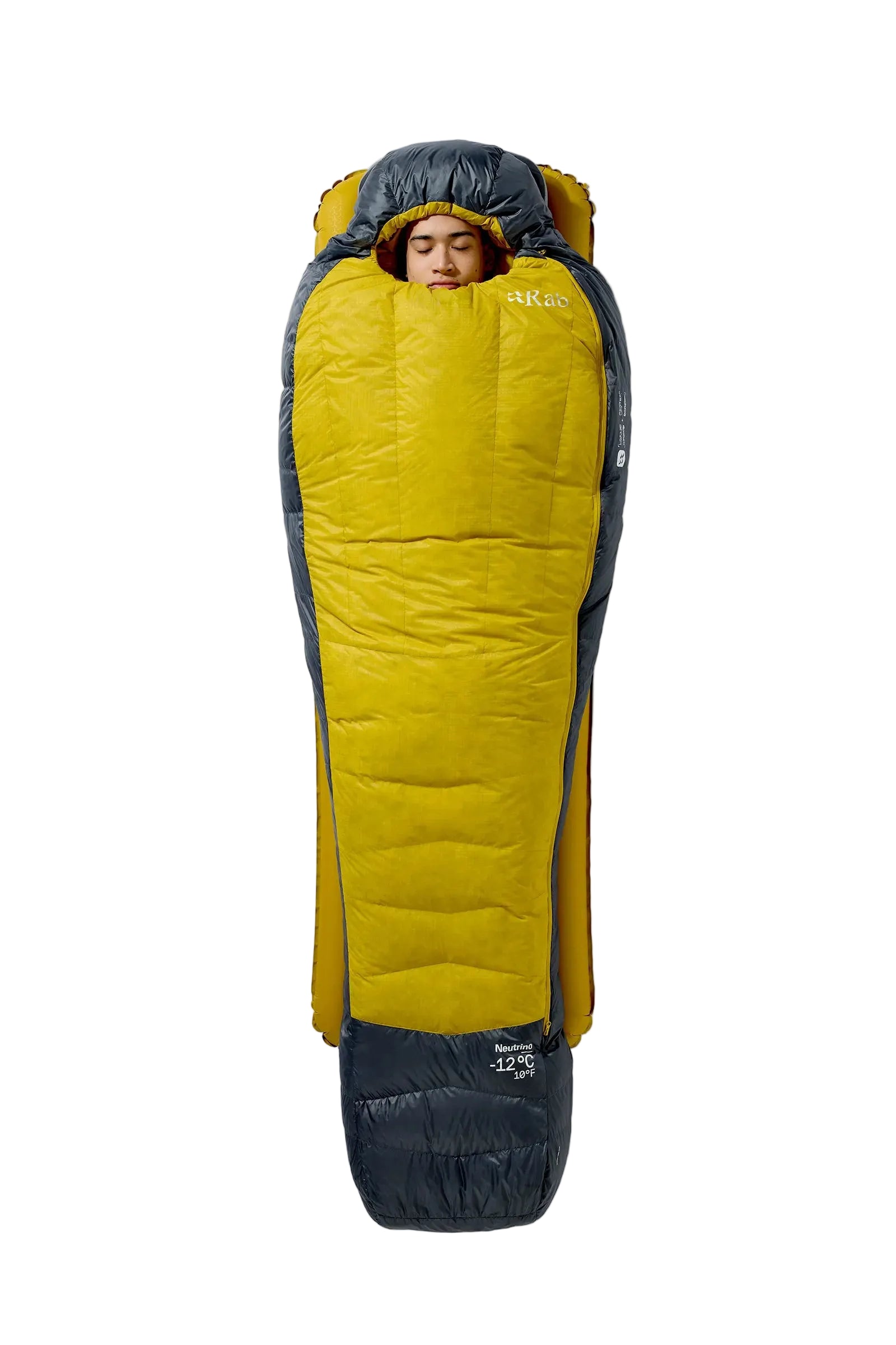 Rab Neutrino Down Sleeping Bag (-6°C/20F) in Graphene/Dark Pollen - Side Zip Panel Detail