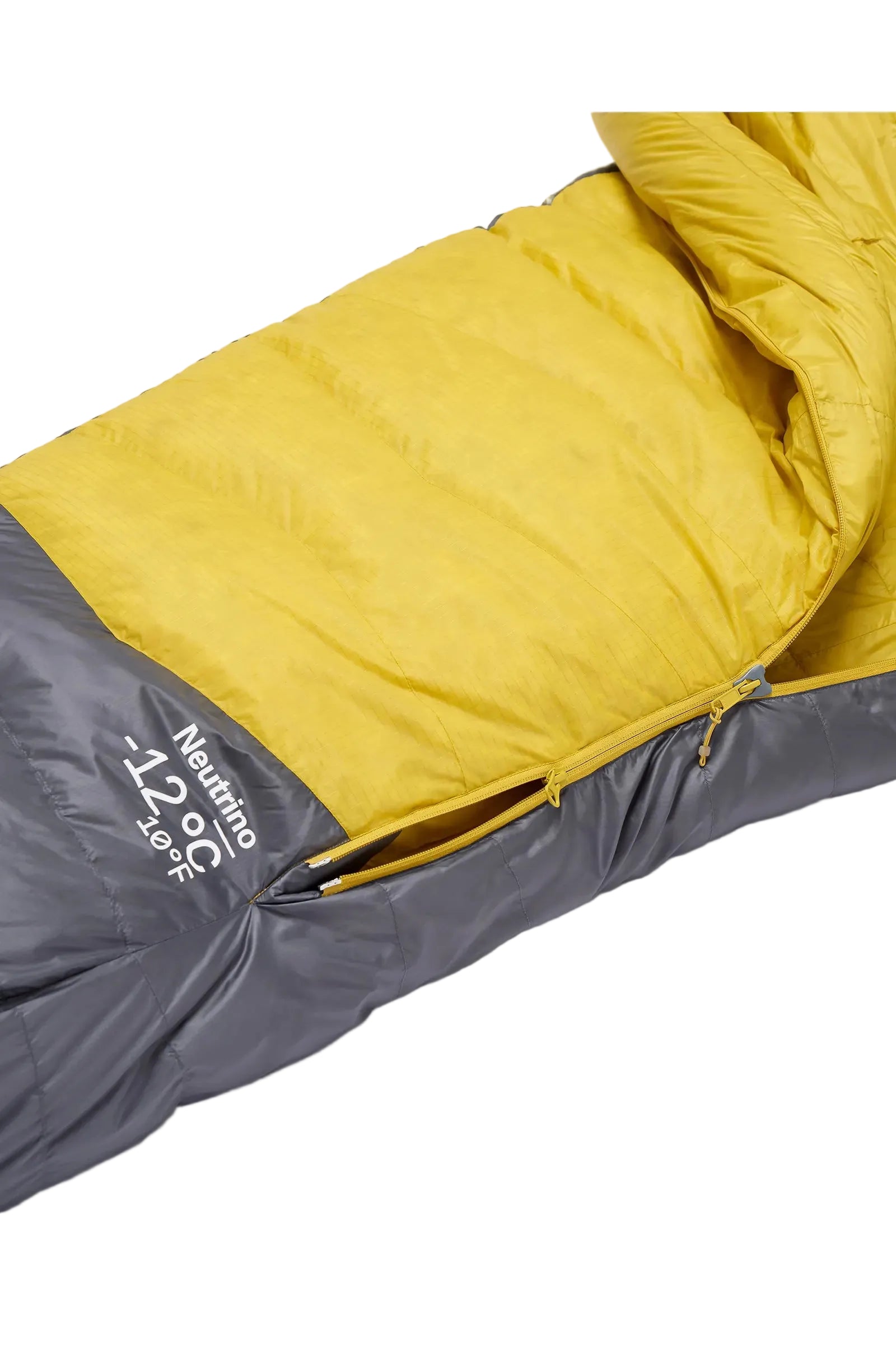 Rab Neutrino Down Sleeping Bag (-6°C/20F) in Graphene/Dark Pollen - Zip and Baffle Detail