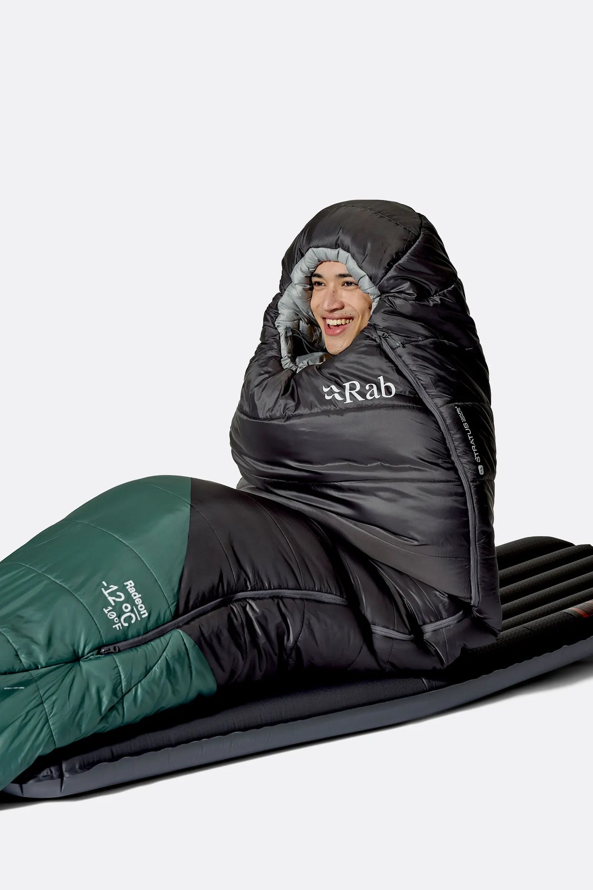 Rab Radeon Synthetic Sleeping Bag (-12°C/10F) in Sage/Graphene - worn, sitting up