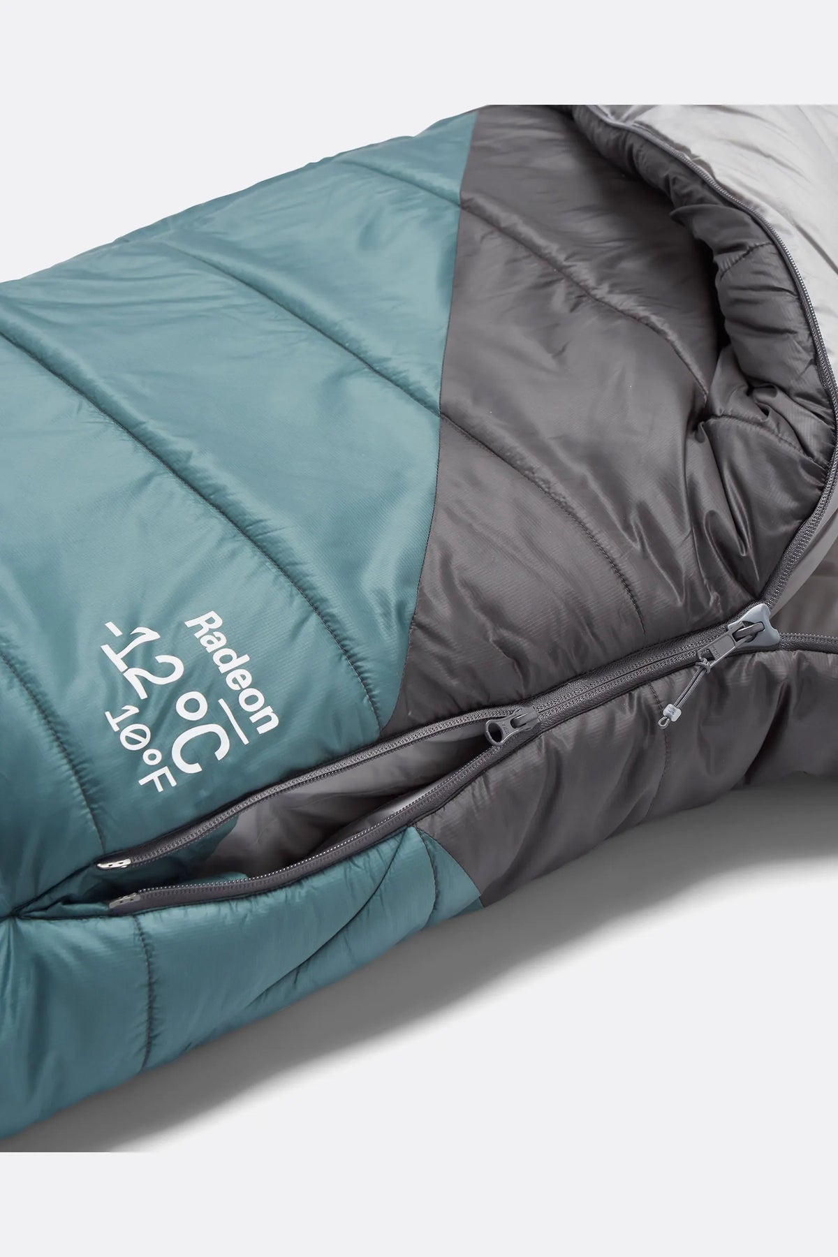Rab Radeon Synthetic Sleeping Bag (6°C/43F) in Sage/Graphene - packed size, side