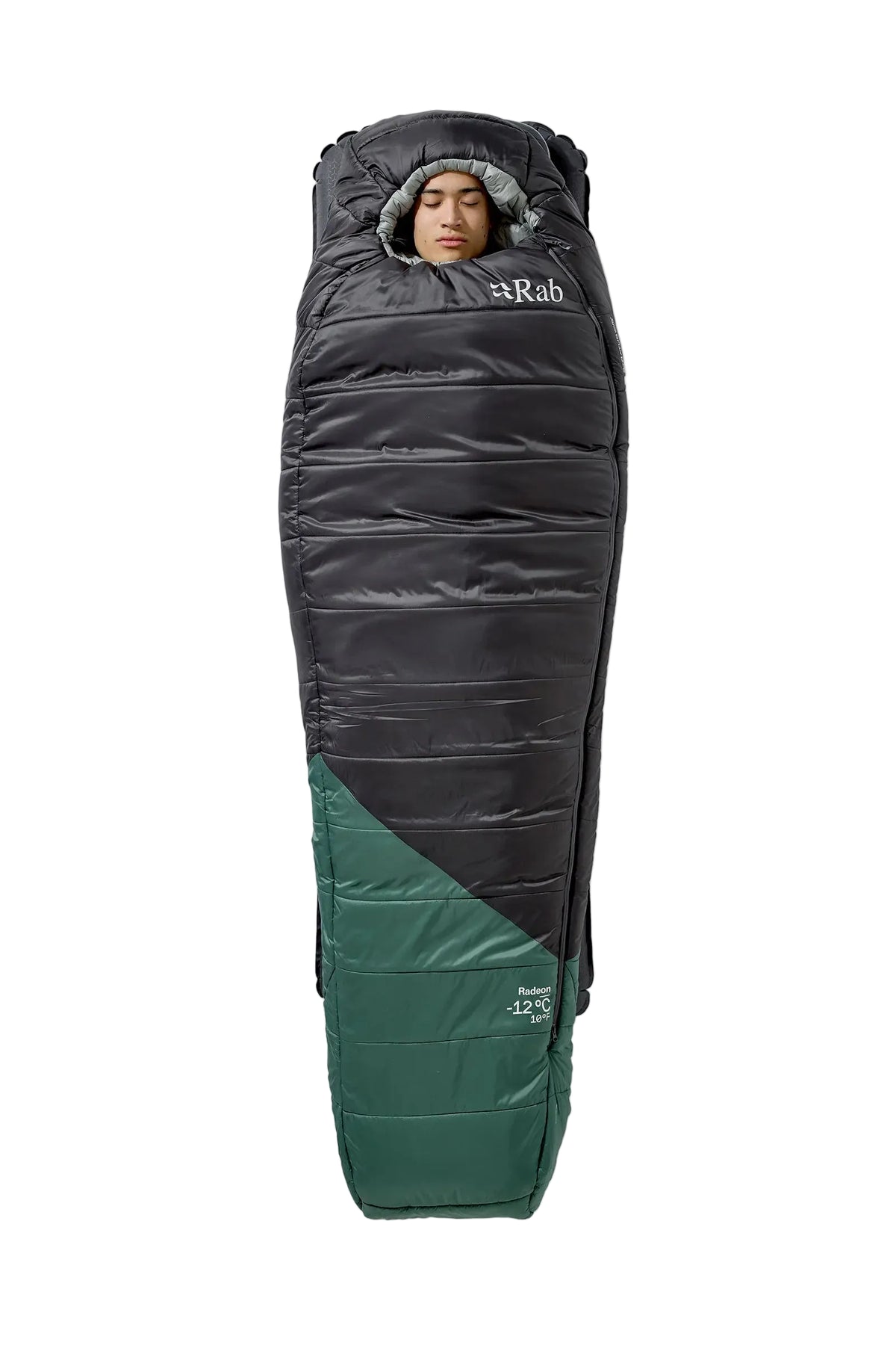 Rab Radeon Synthetic Sleeping Bag (6°C/43F) in Sage/Graphene - worn, zip detail