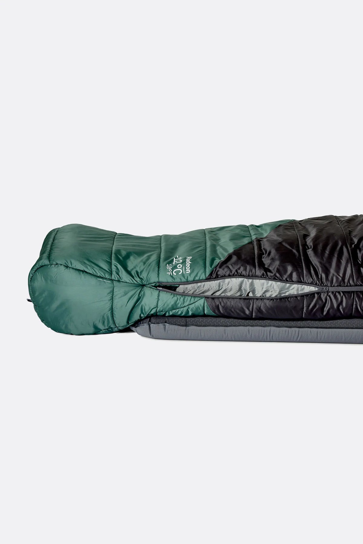 Rab Radeon Synthetic Sleeping Bag (6°C/43F) in Sage/Graphene - worn