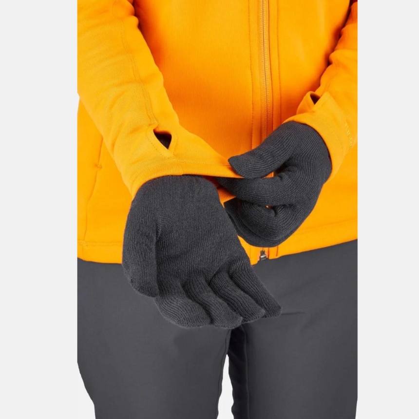 Rab Stretch Knit Gloves in Black - worn, detail