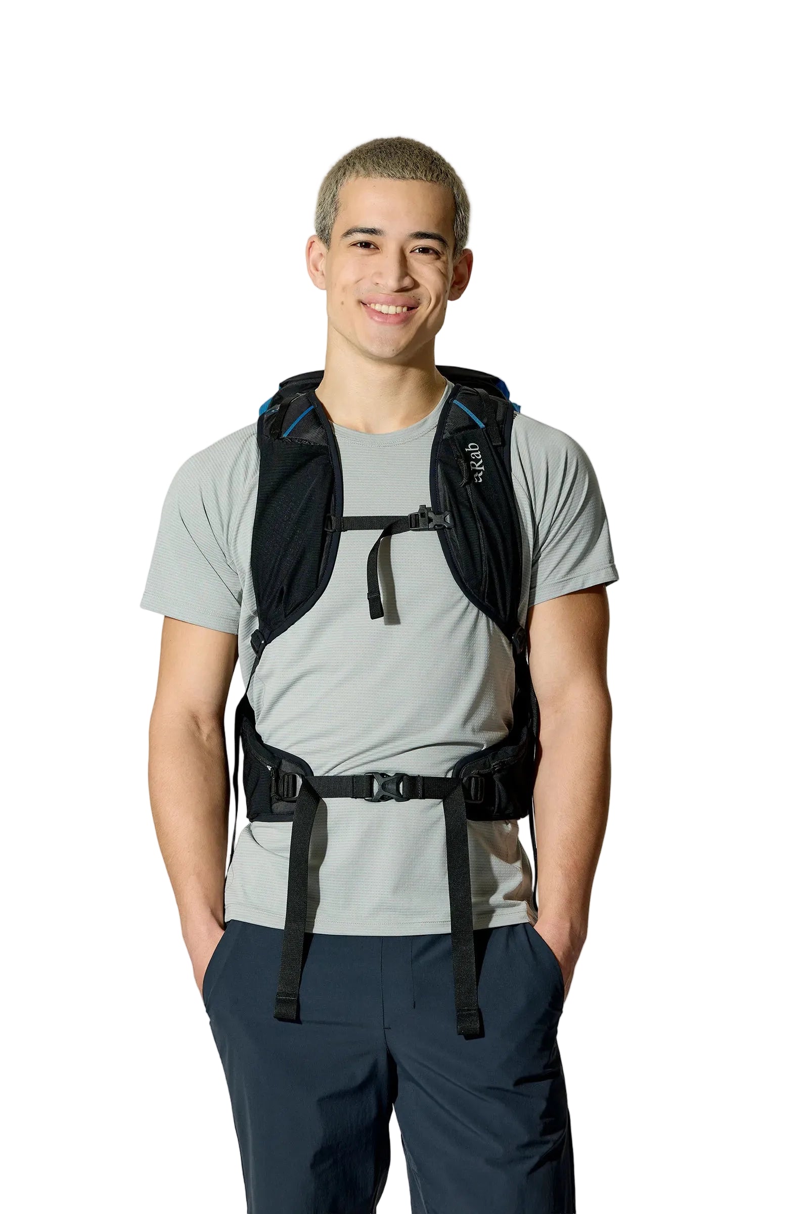 Rab Syclon XP 30L Waterproof Pack in Black/Maya Blue - Front View On Model 2