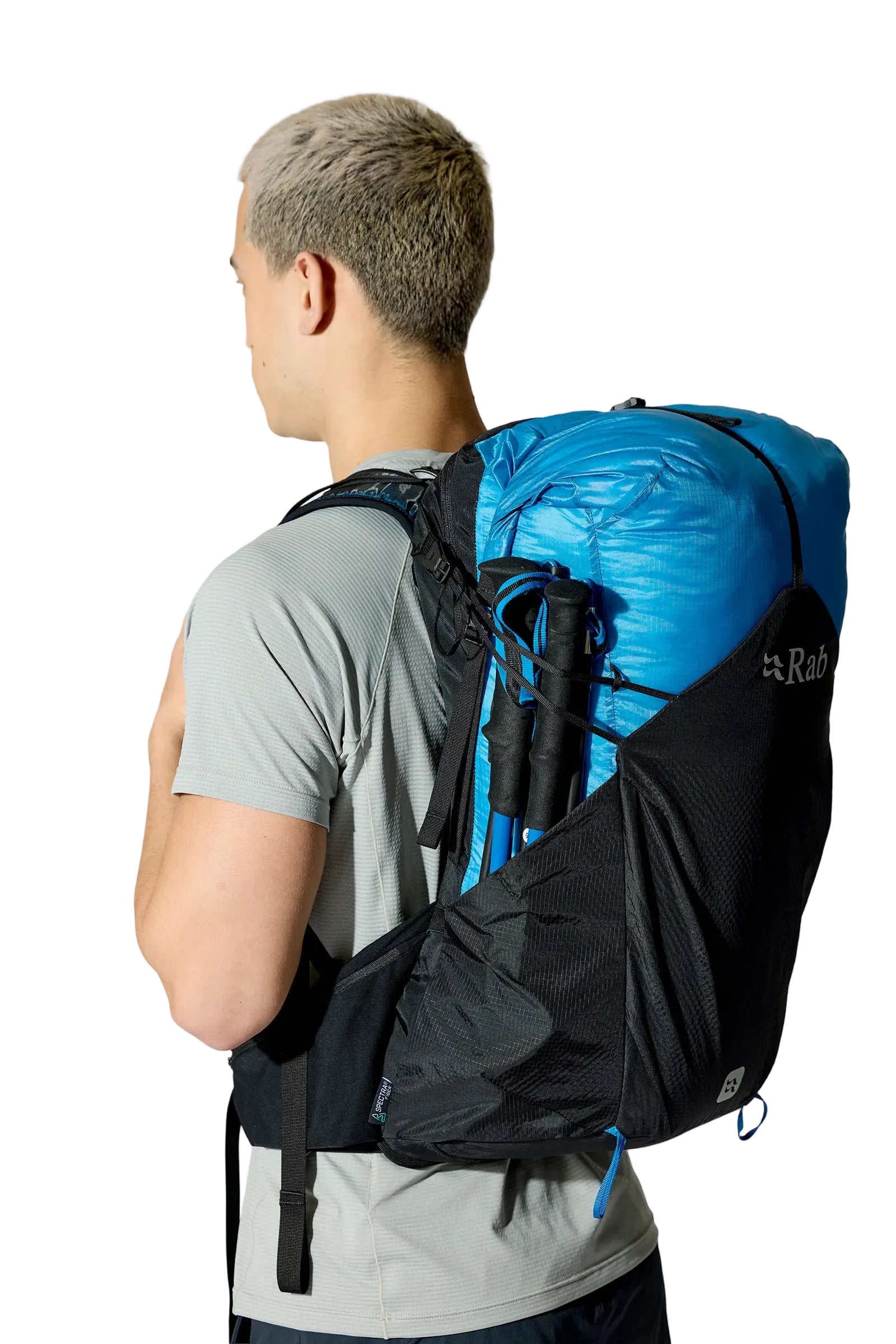 Rab Syclon XP 30L Waterproof Pack in Black/Maya Blue - Front View On Model