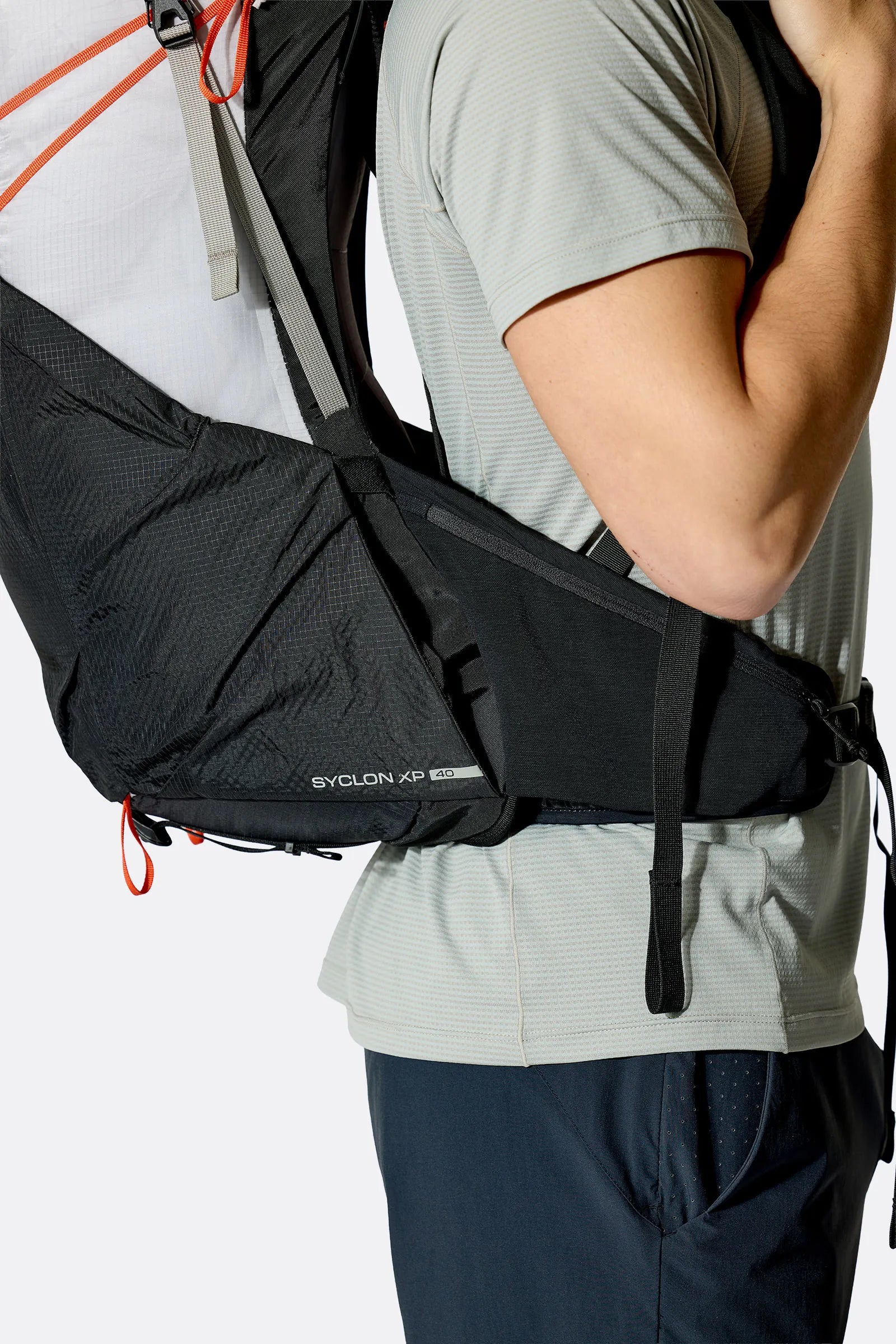 Rab Syclon XP 40L Waterproof Pack in Black/Dark Pewter - Side View On Model 2