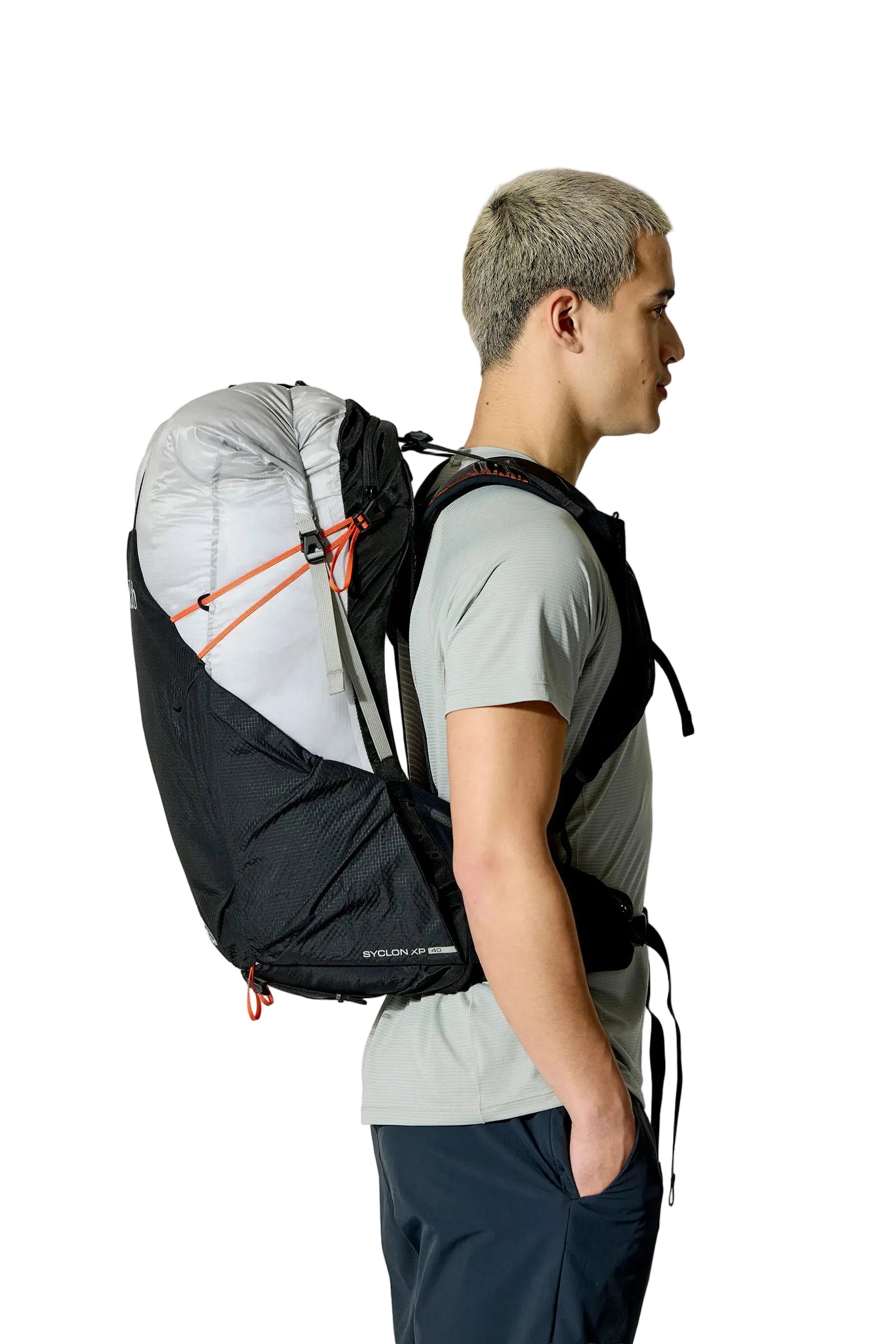 Rab Syclon XP 40L Waterproof Pack in Black/Dark Pewter - Side View On Model