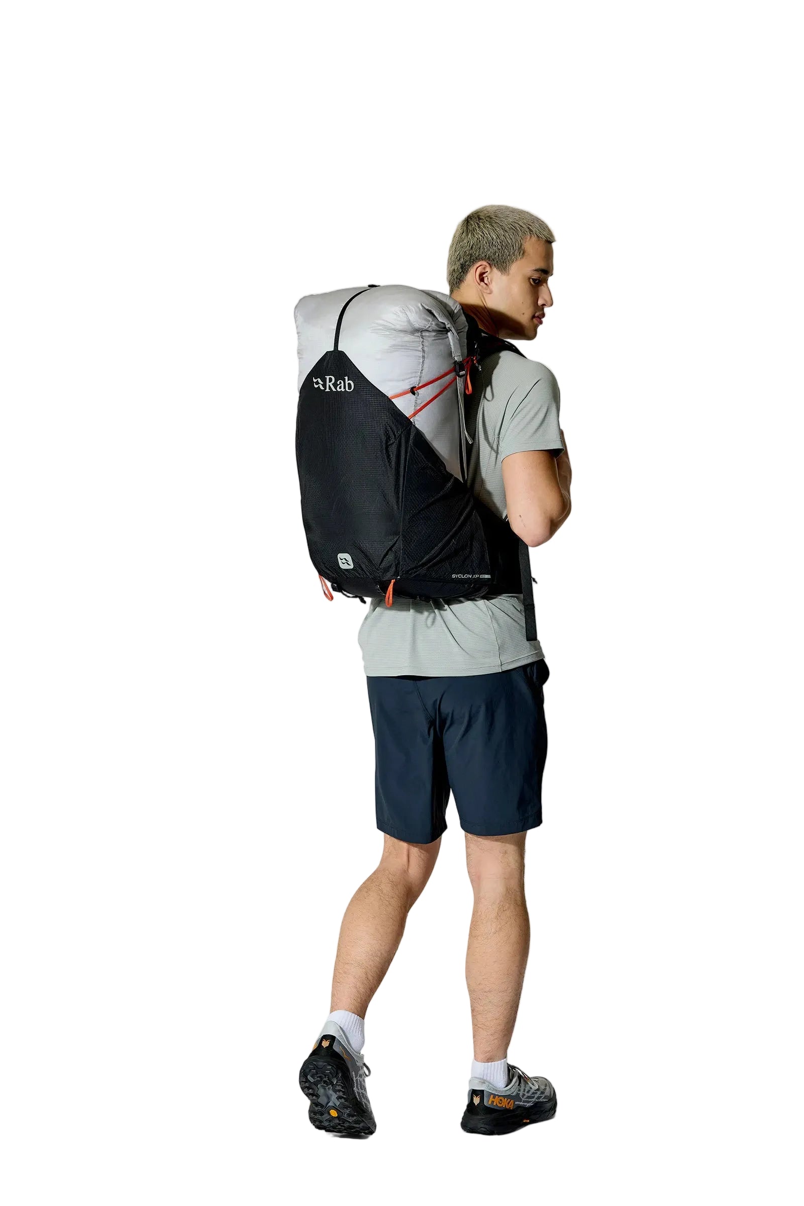 Rab Syclon XP 40L Waterproof Pack in Black/Dark Pewter - Three Quarter View On Model 2