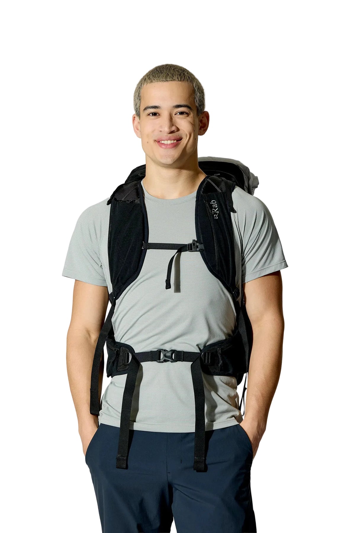 Rab Syclon XP 40L Waterproof Pack in Black/Dark Pewter - Three Quarter View On Model 3