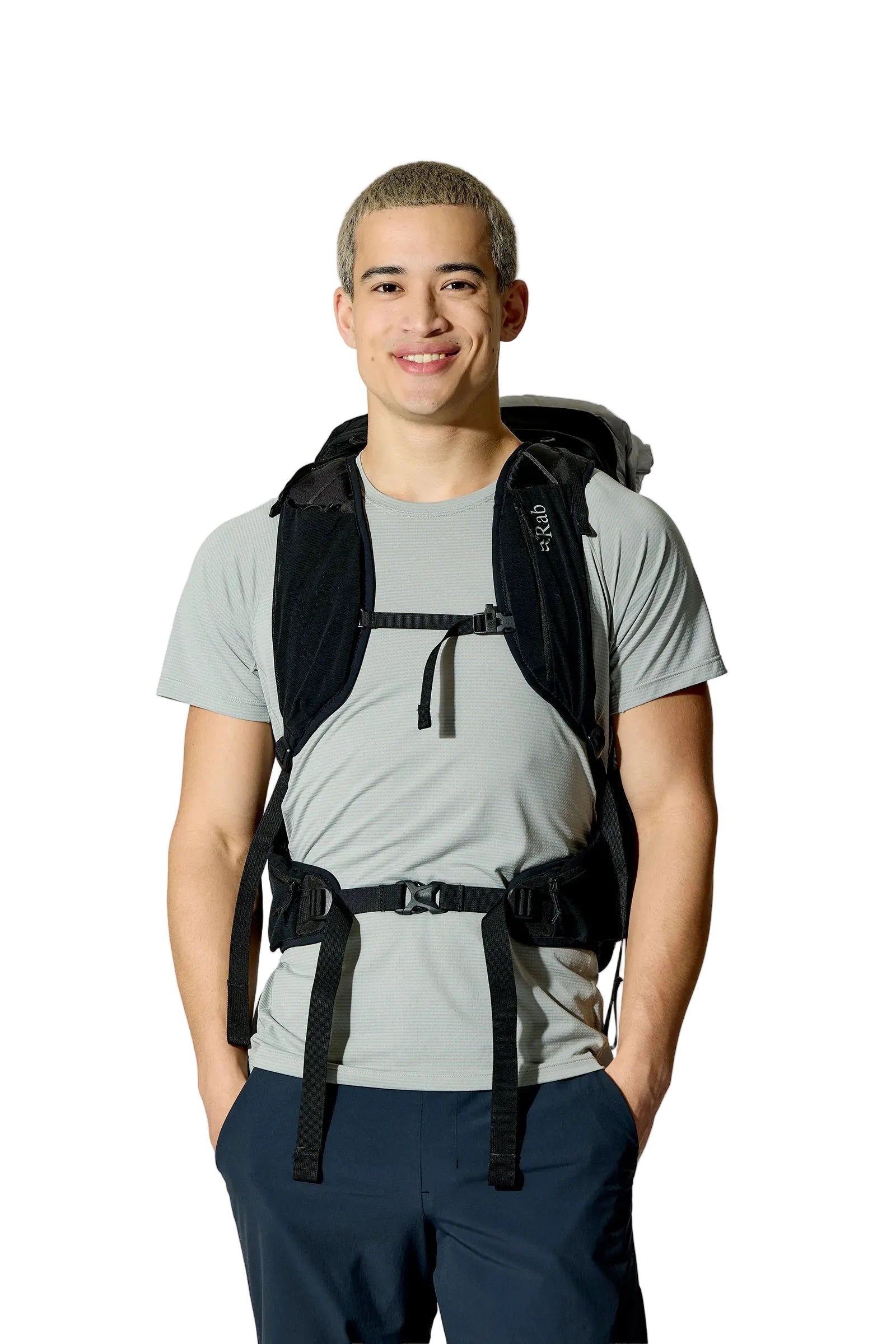 Rab Syclon XP 40L Waterproof Pack in Black/Dark Pewter - Three Quarter View On Model 3