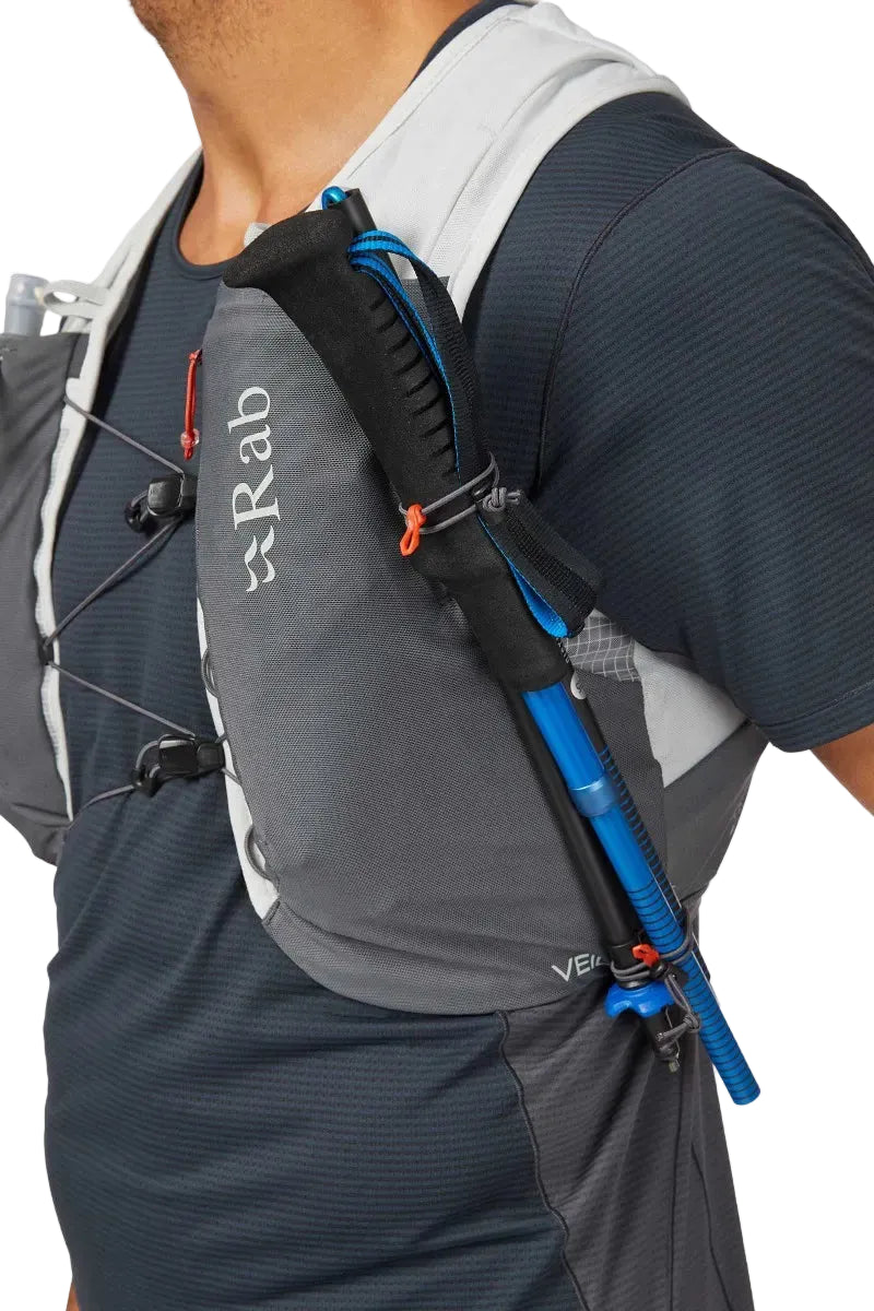 Rab Veil 6L Lightweight Running Vest in Gargoyle/Graphene - Hydration Bladder Compartment Open