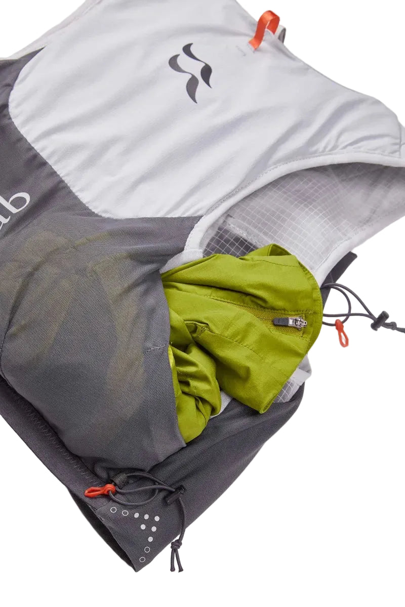 Rab Veil 6L Lightweight Running Vest in Gargoyle/Graphene - Rear Compartment Open Showing Storage