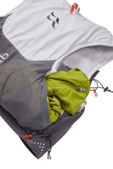 Rab Veil 6L Lightweight Running Vest in Gargoyle/Graphene - Rear Compartment Open Showing Storage