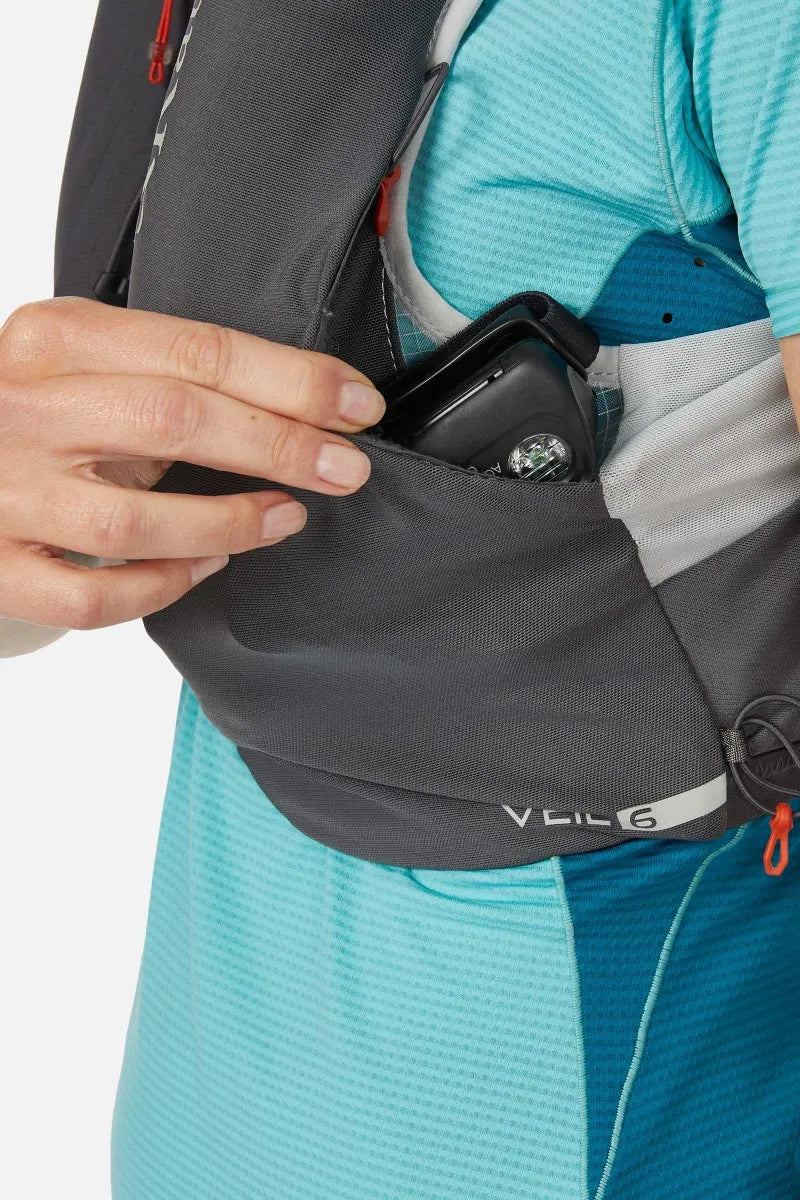 Rab Veil 6L Lightweight Running Vest in Gargoyle/Graphene - Sternum Strap Adjustment Detail