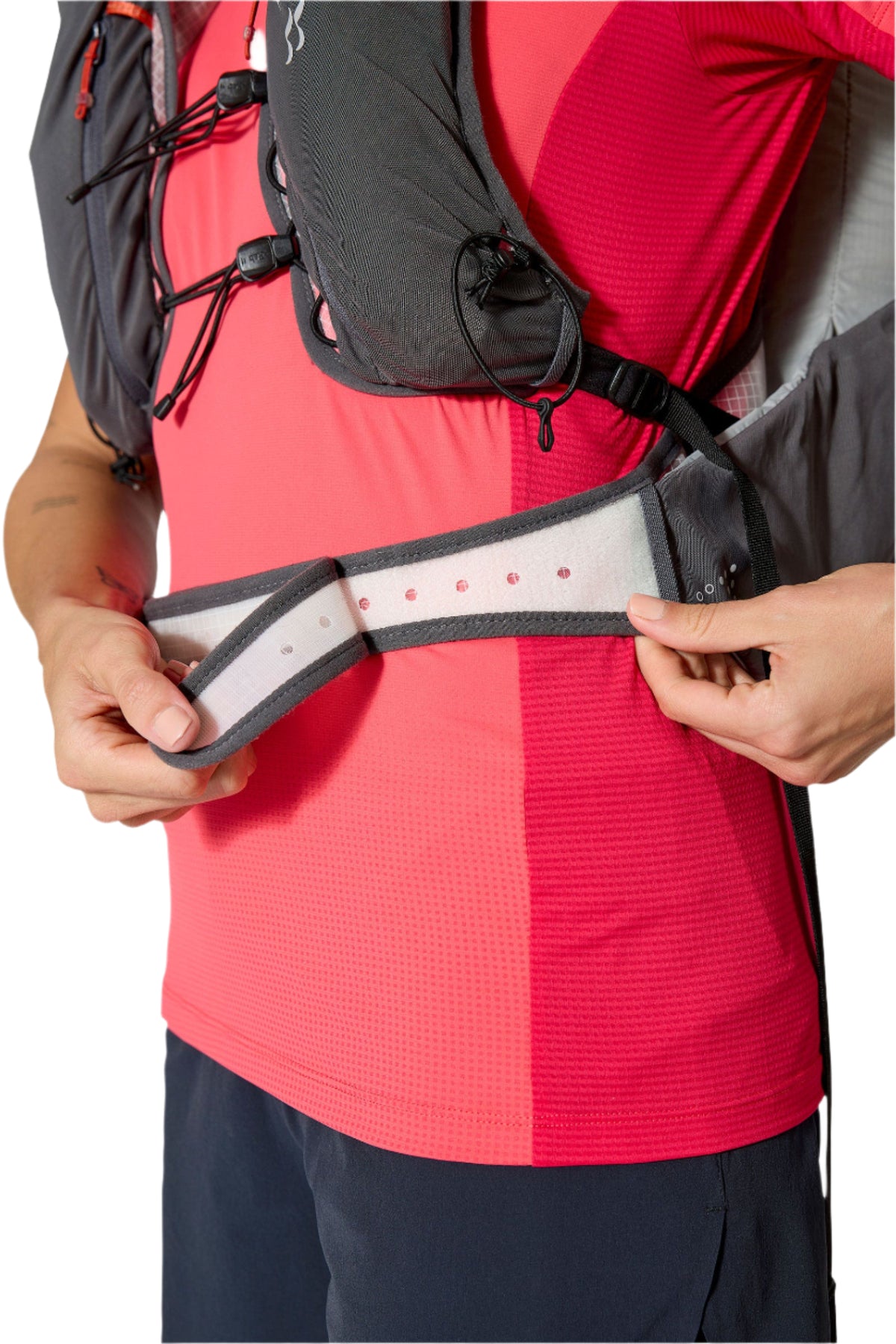 Rab Veil XP 20L Waterproof Pack in Pewter/Graphene - On Model Harness Detail