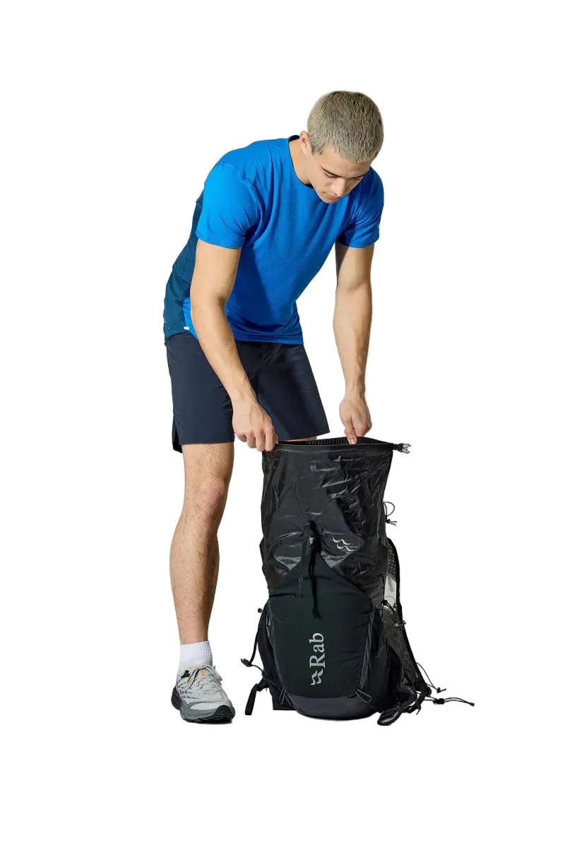 Rab Veil XP 30L Waterproof Pack in Black - On Model Roll Top Closure