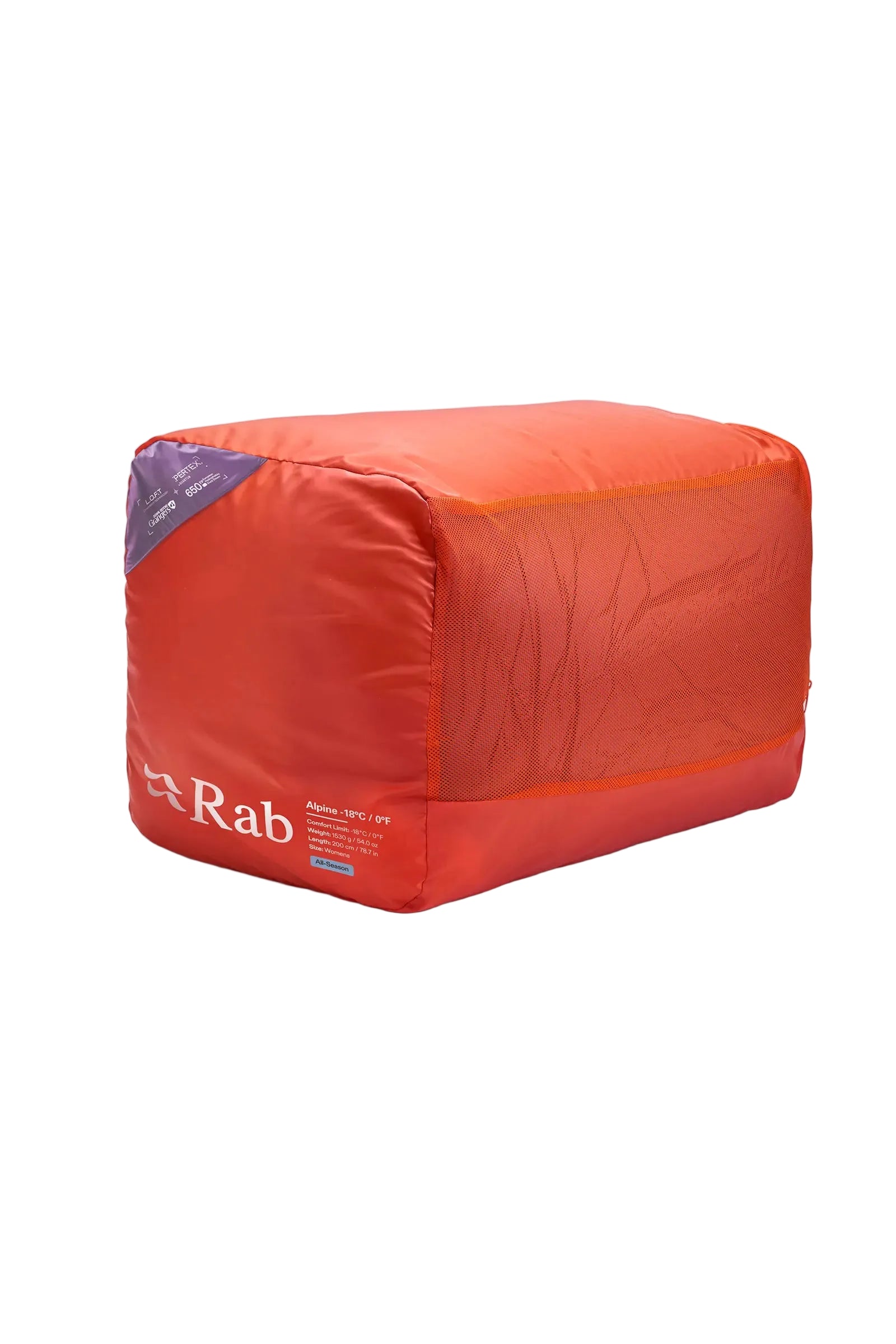 Rab Women's Alpine Down Sleeping Bag (-18°C/0F) in Iris/Dark Iris - packed in stuff sack