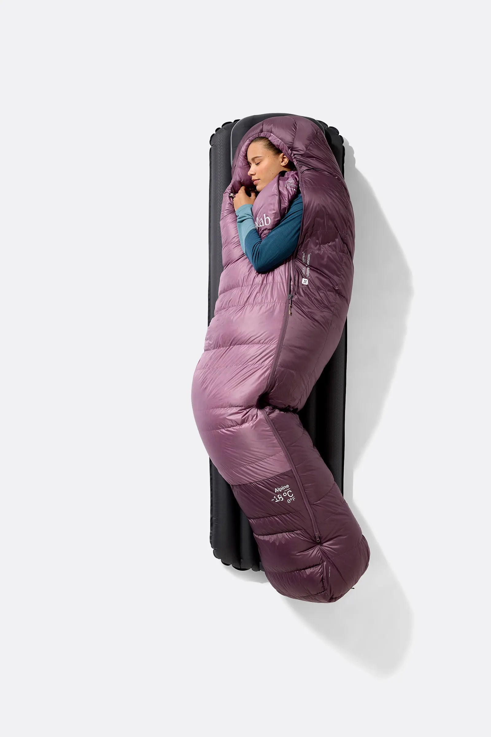 Rab Women's Alpine Down Sleeping Bag (-18°C/0F) in Iris/Dark Iris - worn