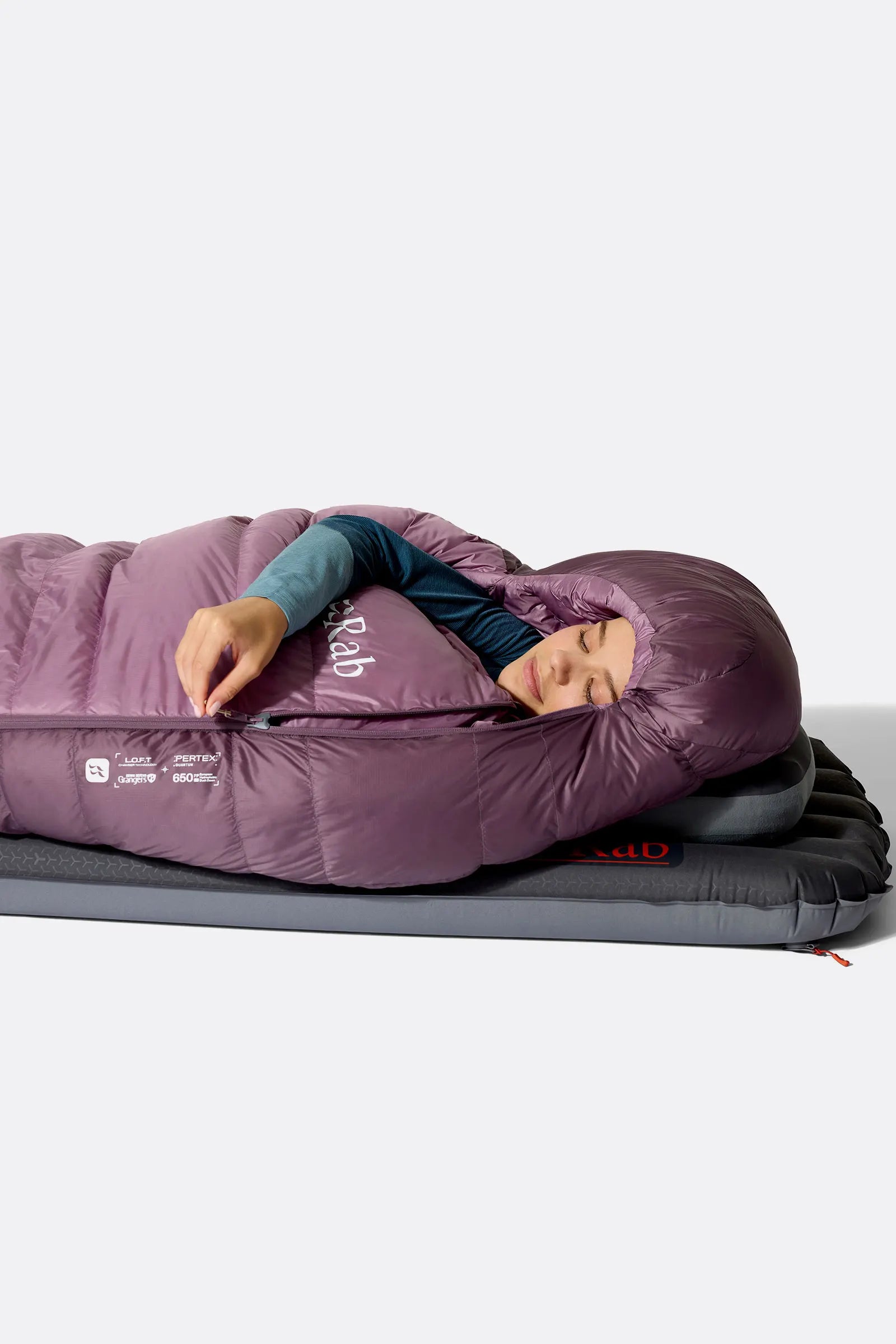Rab Women's Alpine Down Sleeping Bag (-18°C/0F) in Iris/Dark Iris - worn