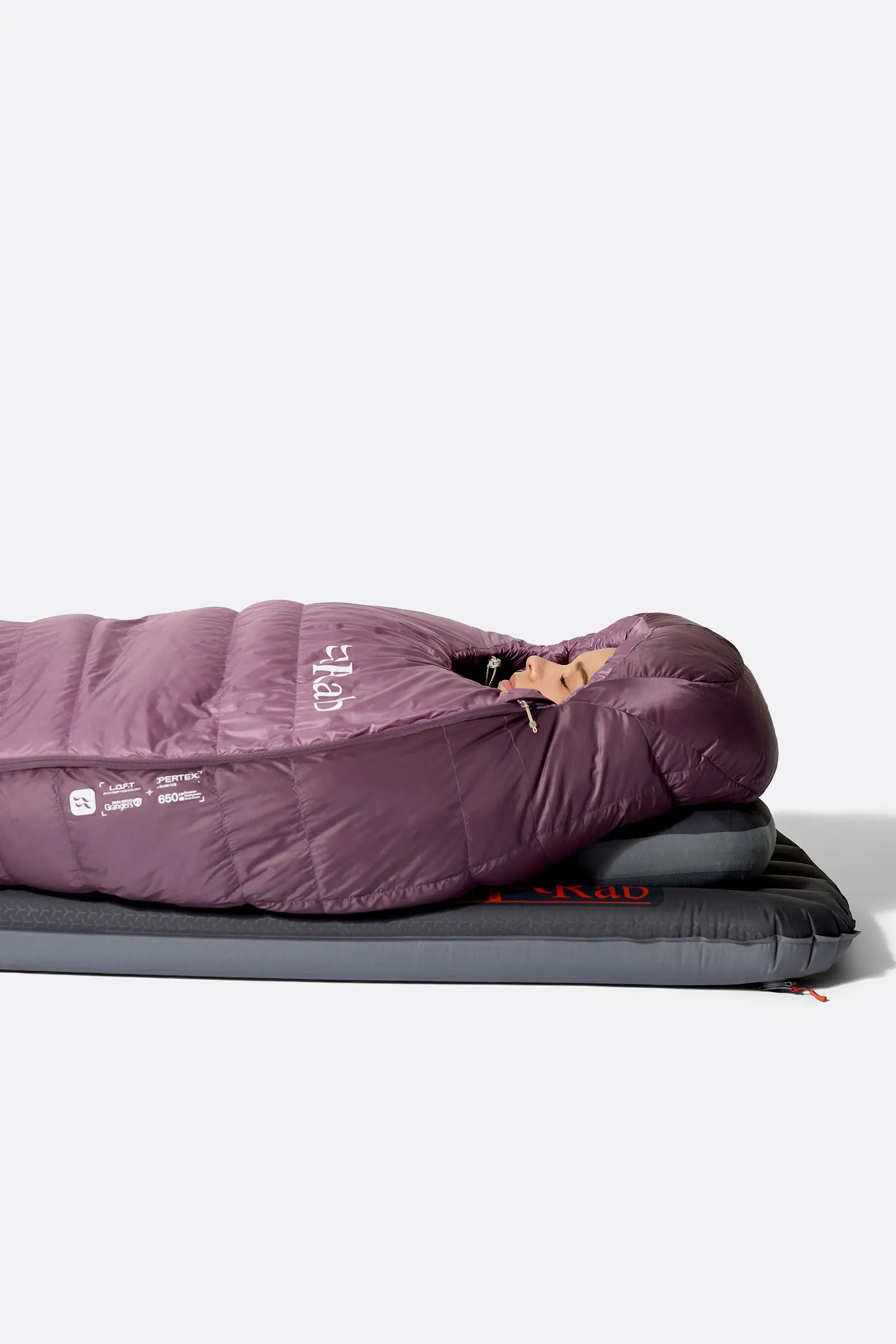 Rab Women's Alpine Down Sleeping Bag (-18°C/0F) in Iris/Dark Iris - worn, lying flat