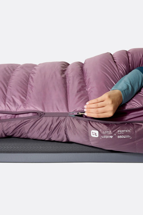 Rab Women's Alpine Down Sleeping Bag (-12°C/10F) in Iris/Dark Iris - Zip Pull Detail
