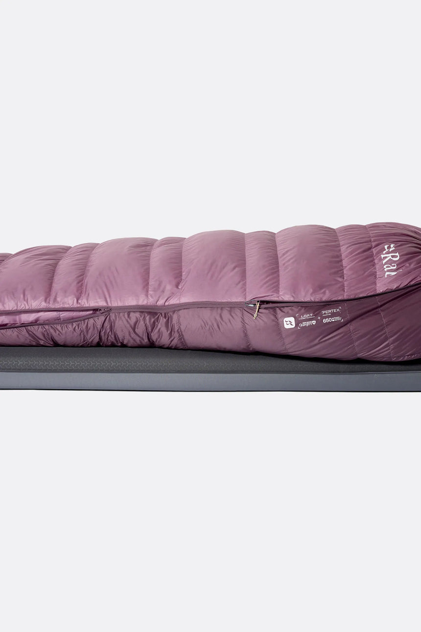 Rab Women's Alpine Down Sleeping Bag (-6°C/21F) in Iris/Dark Iris - Model Reclined